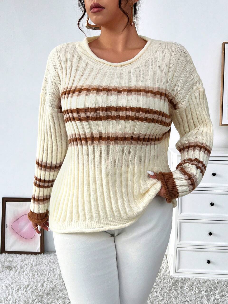 Plus Size Striped Drop Shoulder Sweater Knit Pullover Fall Winter Sweater