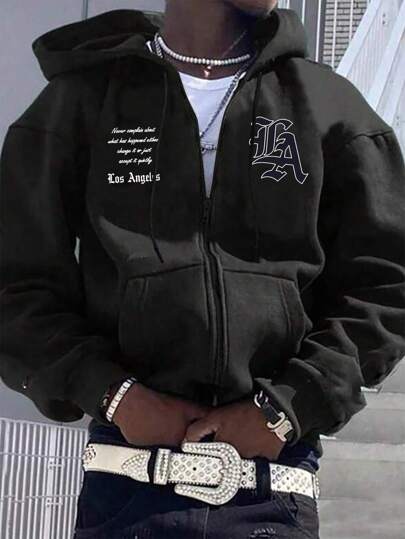 Manfinity Roughcore Men's Loose Slogan Printed Drawstring Hooded Fleece Sweatshirt, Fall/Winter, Long Sleeve Top