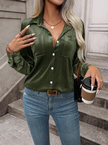 EMERY ROSE Solid Color Velvet Shirt - Army Green - View 3