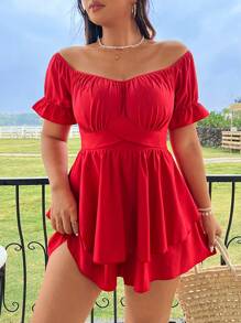 Flirla Plus Size Women'S Solid Color Off-Shoulder Pleated Jumpsuit For New Year Clothes - Red - View 1
