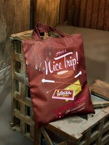 Willy Wonka and the Chocolate Factory X ROMWE 字母圖案購物袋 - 咖啡棕 - 查看 5