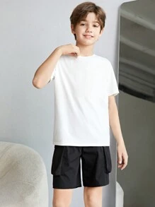 3 件/套 男生寬鬆休閒梭織實用背心、t 恤和短褲套裝 - 黑色 - 查看 6