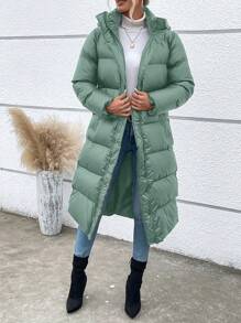 SHEIN LUNE 拉链闭合连帽加厚棉服外套衣服冬季带腰带 - 薄荷綠 - 查看 1