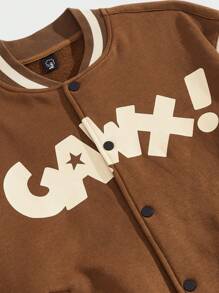 GAWX Hombres Chaqueta universitaria con estampado de letra y ribete de rayas con hombros caídos - Caqui - Ver 3