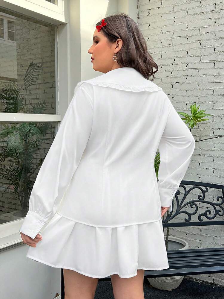 Women'S Plus Size Patched Detail Shirt & Skirt Set With Button Detail