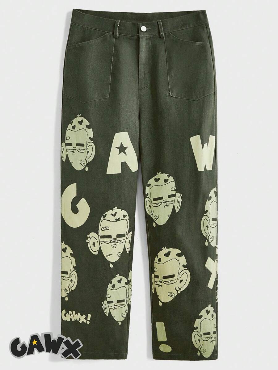 GAWX Artist Men Letter & Figure Graphic Straight Leg Pants, For Holiday, Vacation, Festival