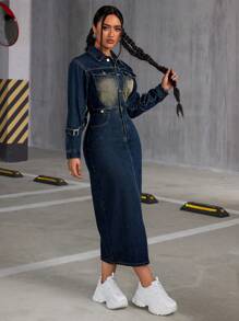 SHEIN ICON 復古褪色長袖牛仔裙 - 深色水洗藍 - 查看 6