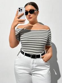 SHEIN Essnce Plus Size Women's Spring And Summer New Fashion Casual Vacation One-Shoulder Striped Short-Sleeved Tight T-Shirt