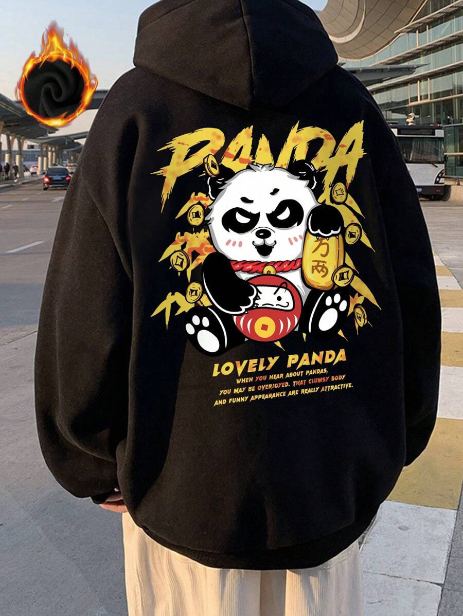 Manfinity EMRG 男士圖案印花加大號抽繩連帽衫,熊貓和標語圖案 - 黑色 - 查看 1