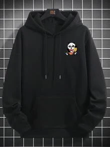 Manfinity EMRG 男士圖案印花加大號抽繩連帽衫,熊貓和標語圖案 - 黑色 - 查看 3