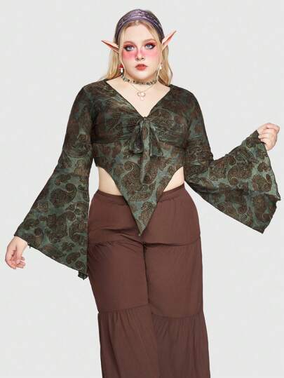 Fairycore Maglietta asimmetrica da donna taglie forti con dettagli arricciati intorno al petto