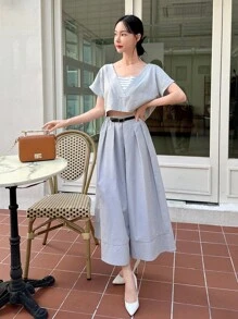 SHEINNeu 搭扣帶裝飾高腰裙 - 灰色 - 查看 4