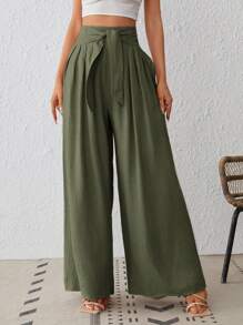 SHEIN VCAY Của phụ nữ Màu thuần Quần ống rộng - màu xanh lá - Xem 2