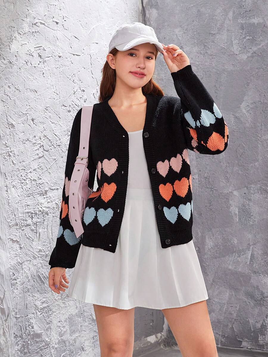 女孩彩色Love愛心圖案開襟衫 - 黑色 - 查看 1