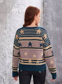 Teen Girls' Striped & Star Pattern Drop Shoulder Sweater - Royal Blue - View 2