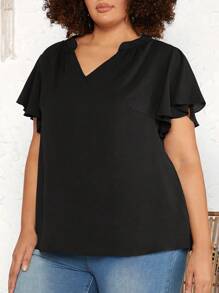 SHEIN CURVE+ Kích thước lớn Đường viền cổ có rãnh Tay áo loe Áo sơ mi - màu đen - Xem 1