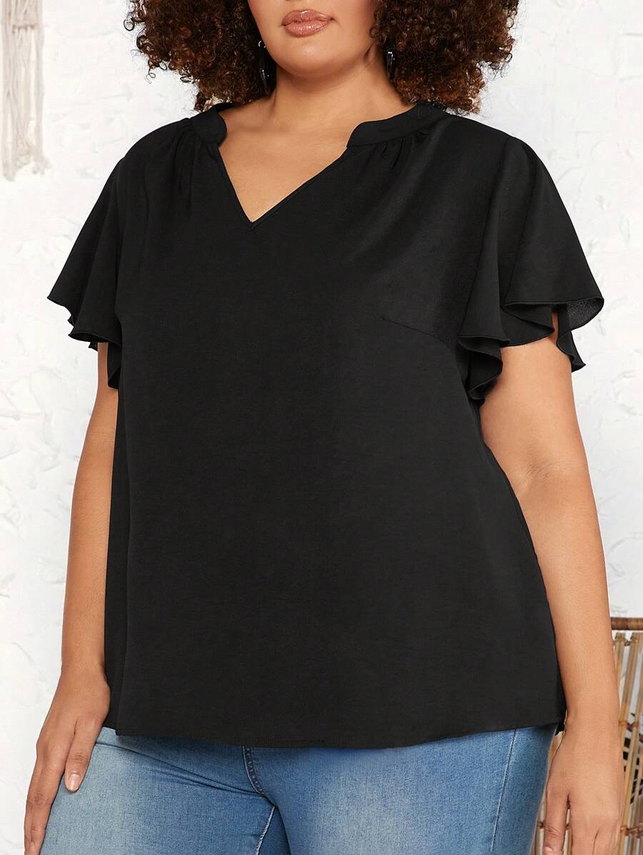 SHEIN CURVE+ Kích thước lớn Đường viền cổ có rãnh Tay áo loe Áo sơ mi - màu đen - Xem 1