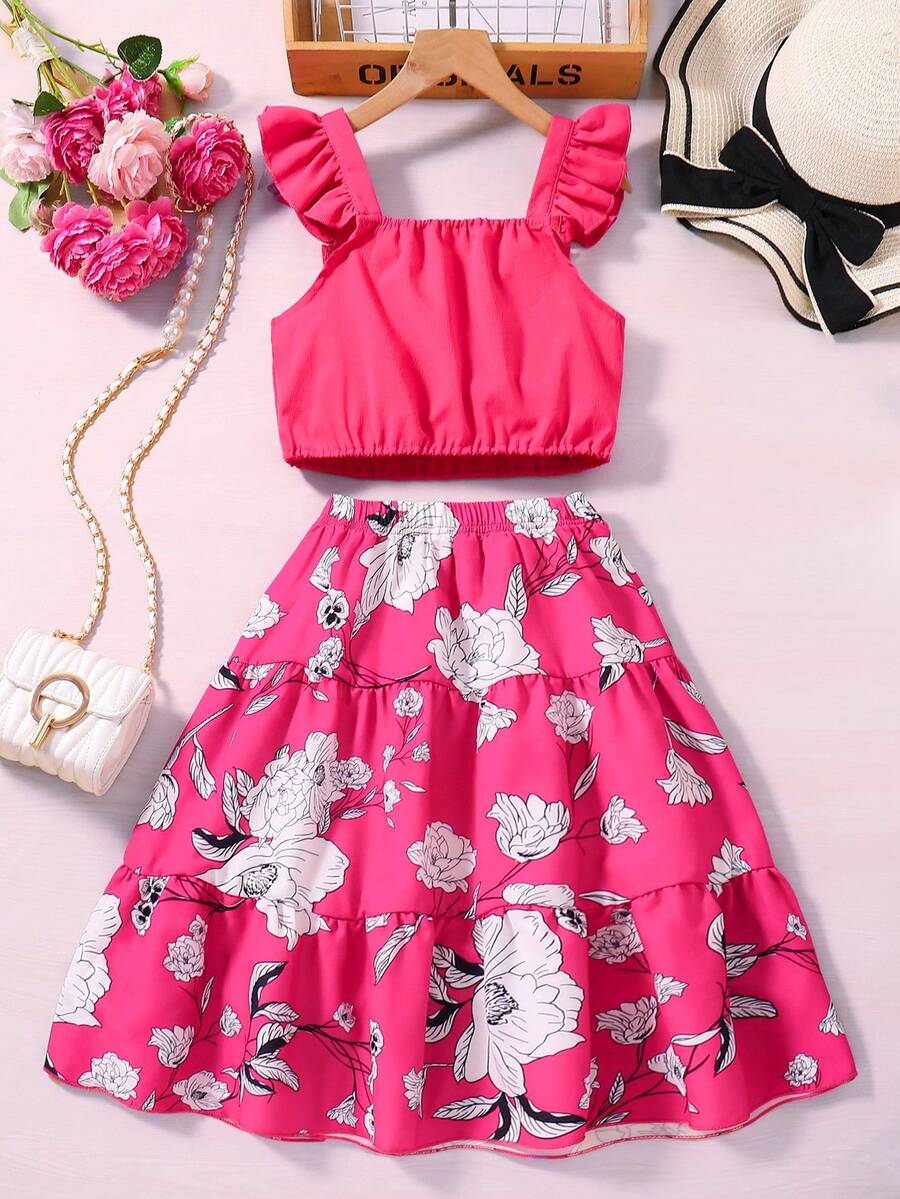 Tween Girls' Cap Sleeves Crop Top And Floral Printed Skirt Outfit ...