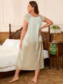 大码女式纯色拼布蕾丝缎睡衣长裙 - 香檳色 - 查看 2