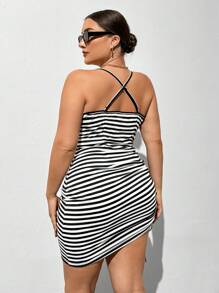SHEIN Essnce Plus Size Women's Fashionable Casual Versatile Spring And Summer Women's New Striped Fabric Swing Collar Neckline Drawstring Hem Tight Suspender Dress - Black and White - View 2