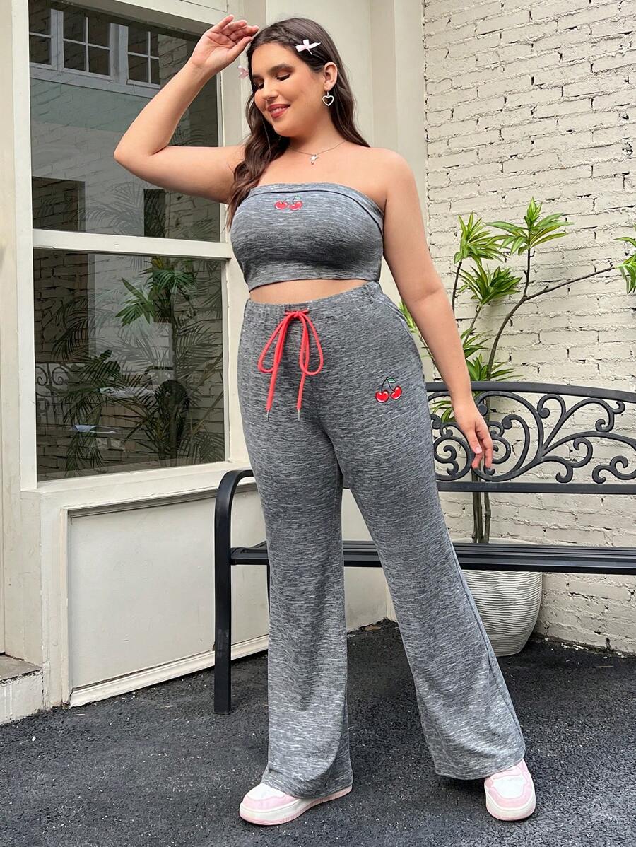 SHEIN EZwear 女性加大碼櫻桃印花2件套裝 - 灰色 - 查看 1