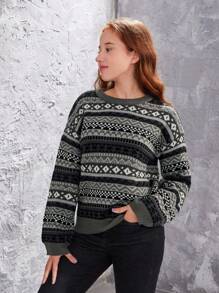Teenage Girls' Geometric Pattern Long Sleeve Sweater - Dark Grey - View 4