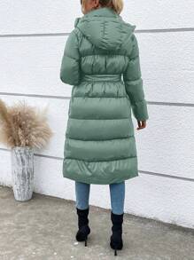 SHEIN LUNE 拉链闭合连帽加厚棉服外套衣服冬季带腰带 - 薄荷綠 - 查看 2