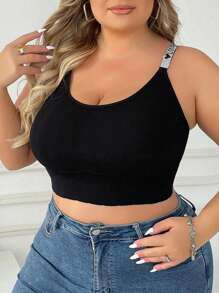 Plus Size Rhinestone Strap Wireless Bra - Black - View 1