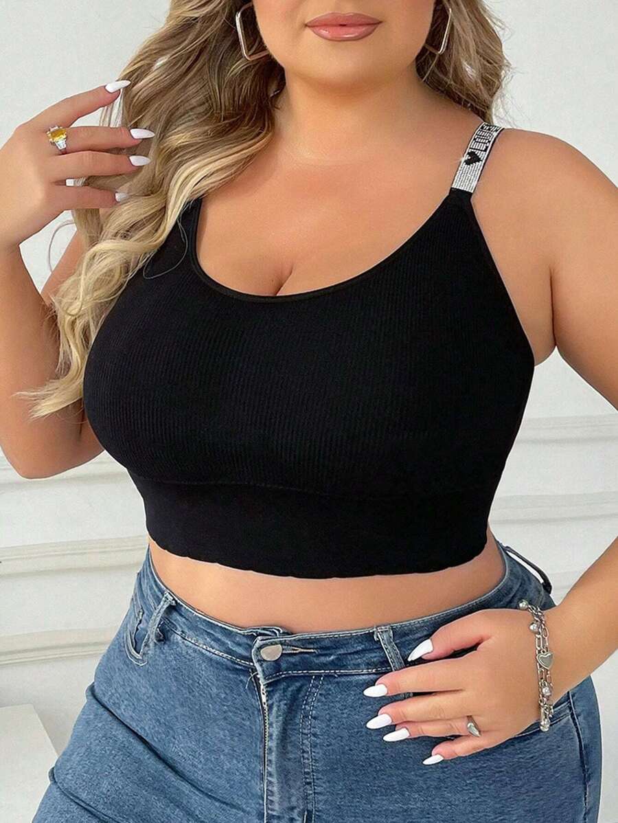 Plus Size Rhinestone Strap Wireless Bra - Black - View 1