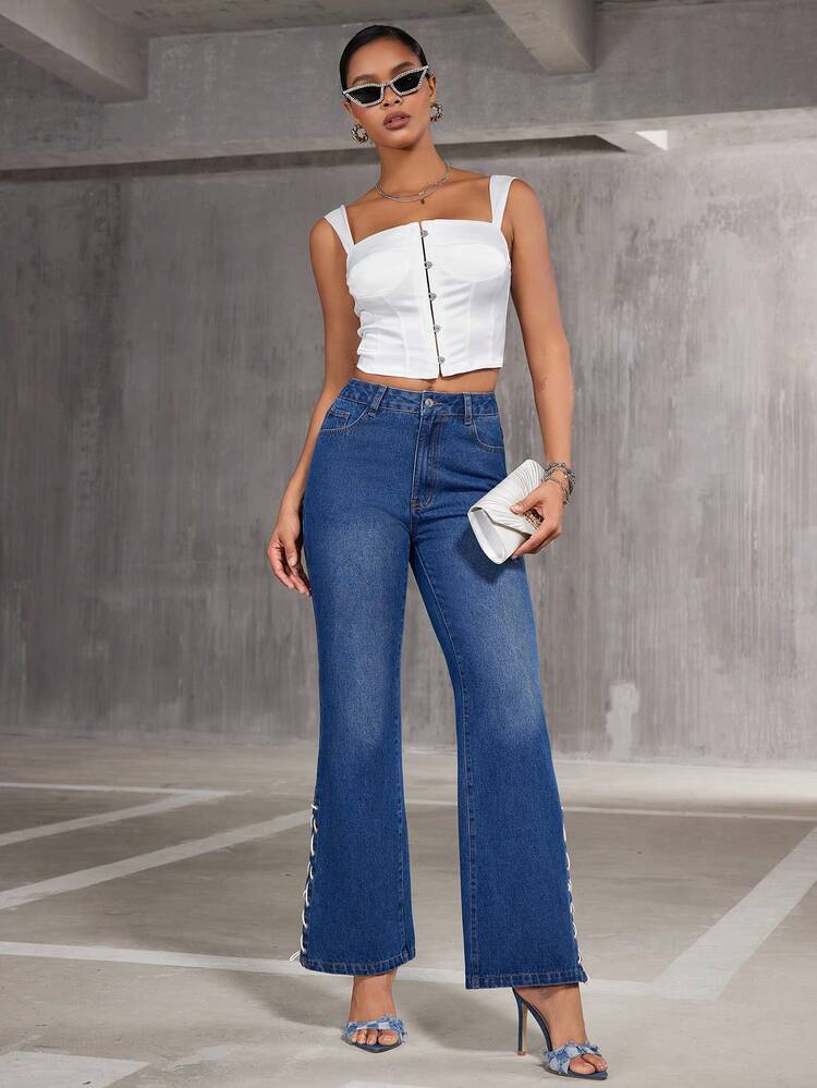 Lace-Up Hem Water Wash Denim Jeans