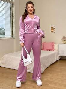 SHEIN EZwear Kích thước lớn Của phụ nữ Dây kéo mặt trước áo có mũ Áo khoác Và Quần Bộ - Màu đỏ tím - Xem 3