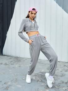 SHEIN Sports Women's Spring & Summer Hooded Drawstring Crop Top Hoodie And Sweatpants Sportswear Set Grey Teen Girls Setsretro Outfit For Women