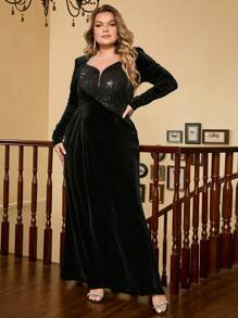 Plus Sweetheart Neck Sequin Insert Velvet Formal Dress - Black - View 5