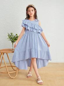 SHEIN Tween 女童宽松休闲荷叶边下摆不对称连衣裙 - 彩色 - 查看 1