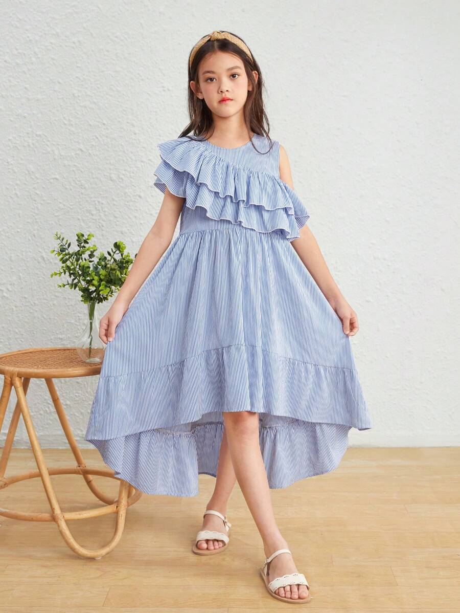 SHEIN Tween 女童宽松休闲荷叶边下摆不对称连衣裙 - 彩色 - 查看 1