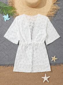 少女蕾絲束腰和服外套 - 白色 - 查看 1