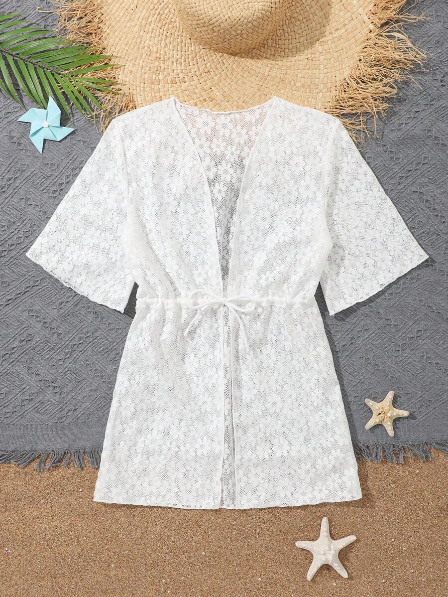 少女蕾絲束腰和服外套 - 白色 - 查看 1