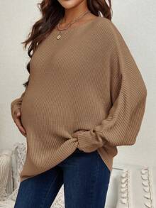 SHEIN 孕婦純色蝙蝠袖毛衣 - 卡其色 - 查看 3