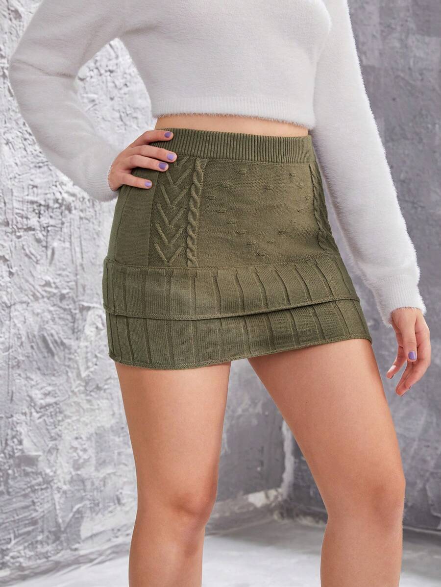 Teen Girl Layered Hem Sweater Skirt - Green - View 1