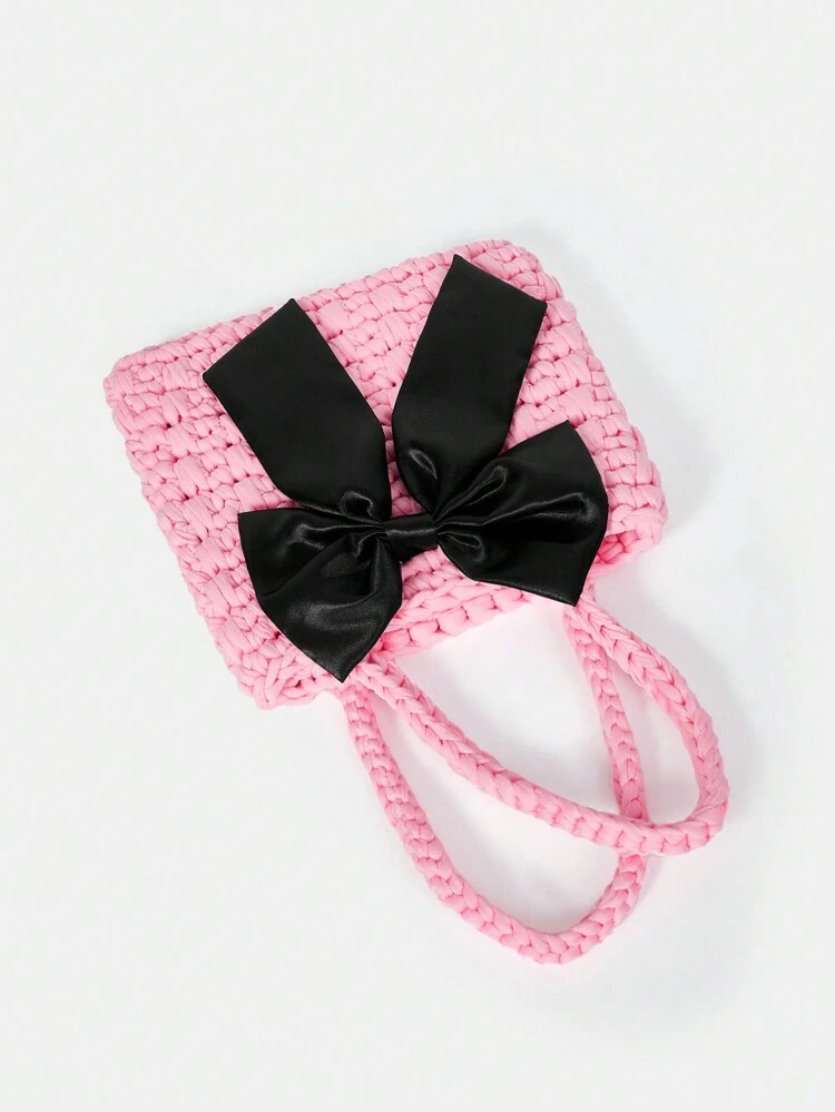 Cute Preppy Bow Decor Satchel Crochet Bag,Women Top Handle Bag