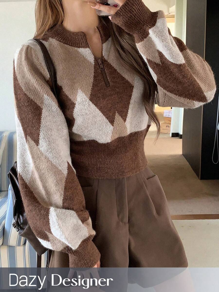 Dazy Designer Của phụ nữ Kim cương Mẫu Nửa Zip Áo len Mở Áo len - Nhiều màu - Xem 1