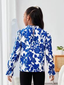 女孩花卉印花立領襯衫 - 藍色 - 查看 2