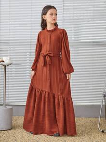 SHEIN 少女鬆身復古風額外長綁帶腰帶連身裙 - 卡其色 - 查看 6