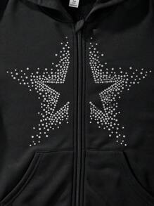 Sudadera Con Capucha Para Adolescentes Con Cierre De Cremallera Y Patrón De Estrella - Negro - Ver 3