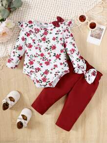 寶寶女孩時尚可愛的數字印花連身褲裝,有褶邊和長褲 - 紅白色 - 查看 1