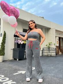 SHEIN EZwear 女性加大碼櫻桃印花2件套裝 - 灰色 - 查看 5