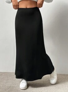 SHEIN Unity 純色人魚鱗擺裙 - 黑色 - 查看 3