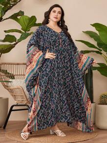 Al Najma Vestido De Talla Grande De Manga Murciélago Con Estampado Floral Para Mujer - Azul - Ver 3