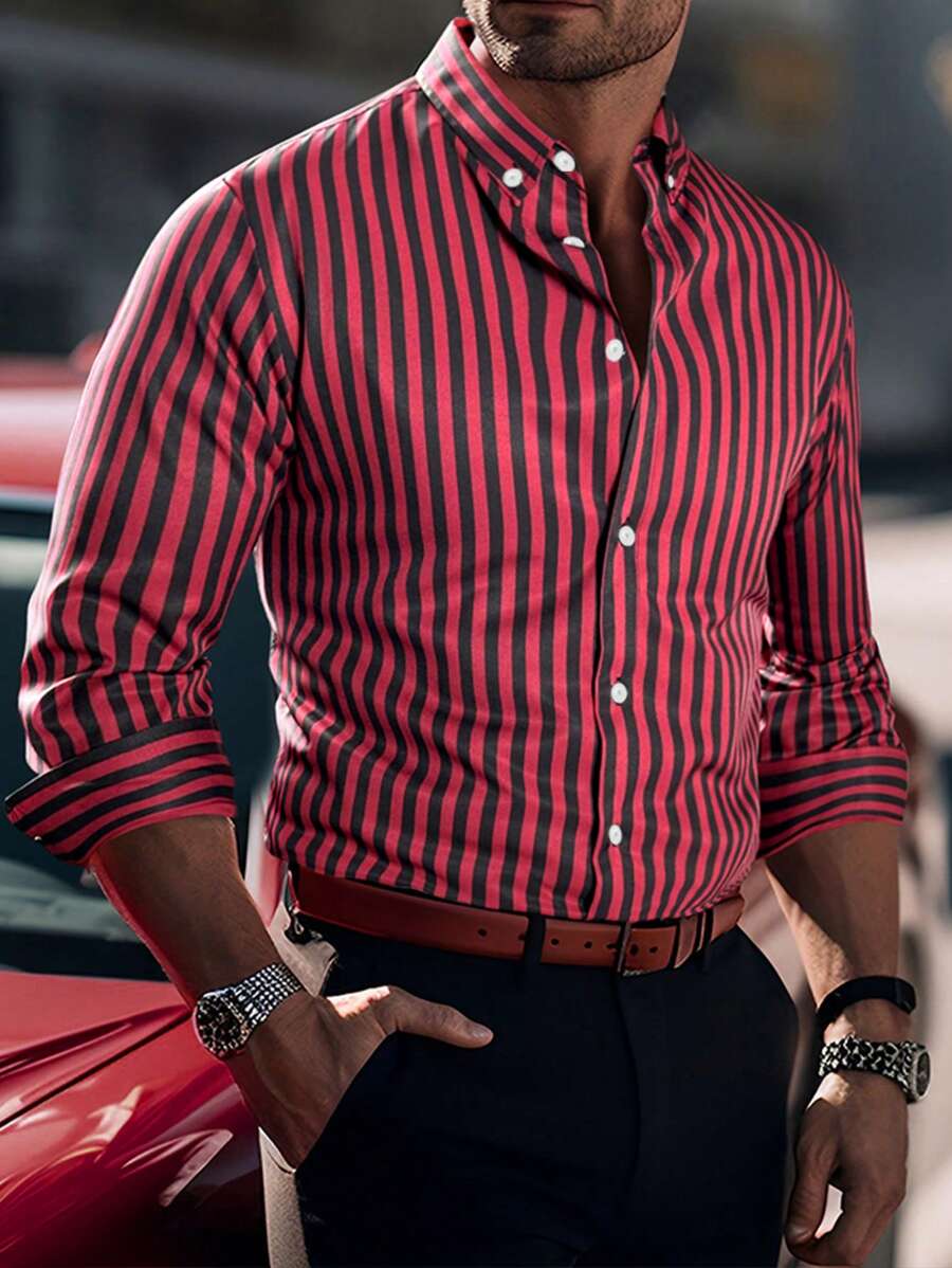 Manfinity Homme Nam Sọc Tay áo dài Áo sơ mi - Màu Đỏ Sâu - Xem 1