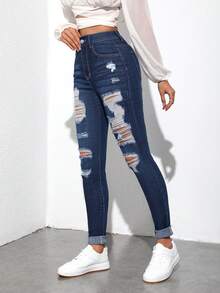 SHEIN Tall 女式破洞緊身牛仔褲 - 深色水洗藍 - 查看 3